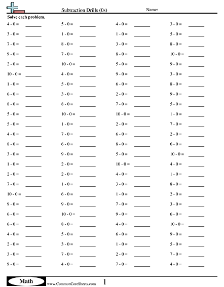 Subtraction Worksheets - Subtraction Drills (0s)  worksheet